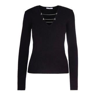 Patrizia Pepe Patrizia Pepe, V-neck Knitwear, female, Black, Size: S Essential Fitted Sweater with Chains