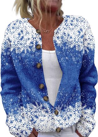 Generic Womens Christmas Long Sleeve Cardigan Round Neck Button Christmas Print Coat (UK, Alpha, M, Regular, Regular, 8)