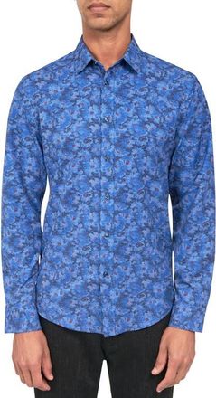 Brooklyn Brigade Slim Fit Denim Floral 4-Way Stretch Performance Long Sleeve Shirt in Navy at Nordstrom, Size Xx-Large