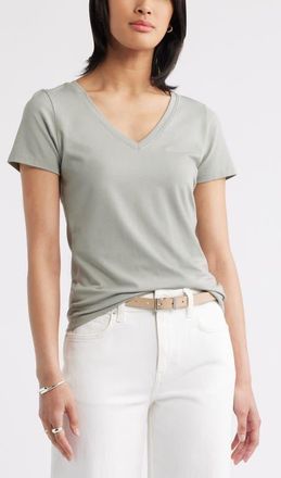 Nordstrom Everyday V-Neck Pima Cotton Blend T-Shirt in Green Chaparral at Nordstrom, Size Xx-Small