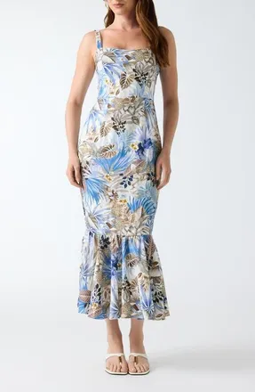 Guess Rory Tropical Print Mermaid Hem Midi Dress in Brown Multi at Nordstrom, Size 2