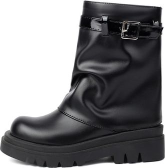 Generic Womens Soft Faux Leather Ankle Boots Adjustable Buckle Strap Chunky Lug Sole Side Zipper Casual Daily Streetwear Autumn Winter Fashion Boots,Black,3.5