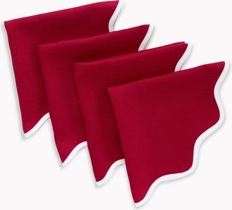 Solino Home Linen Dinner Napkins Set of 4, 20 Inch Round for Dining Table, Holiday and Everyday Table Decor - Giselle Scallop Edge in White And Red
