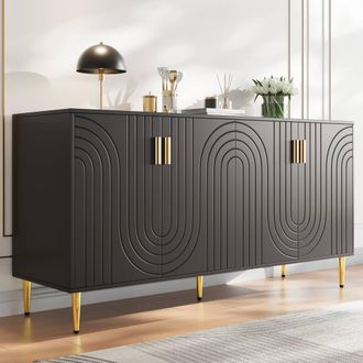 Merax Fluted Sideboard with Gold Legs, 4 Doors, Console Cabinet in Black