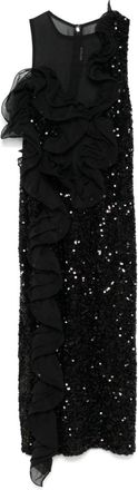 Rotate ruffled-detailing sequinned midi dress - women - Polyester/Elastane/Recycled Polyester - 34 - Black