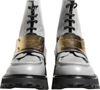 Dolce & Gabbana Mens Gray Leather Logo Plaque Ankle Boots Shoes Spazzolato Matte