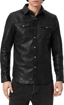 AllSaints Irwin Leather Snap-Up Shirt in Black at Nordstrom, Size X-Small