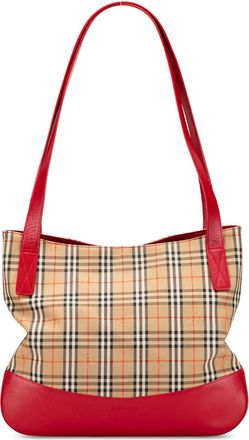 Burberry Pre-owned Womens Plaid Tote Red Trim - Beige Textile - One Size