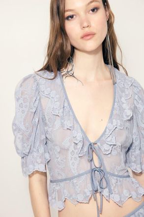 H&M Embroidered Flounced Blouse in Light Blue at Nordstrom, Size X-Small