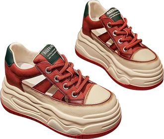 Generic Womens High Heeled Wedge Trainers, Platform Chunky Shoes Lace Up Fashion Height Walking Sneakers Soft Sole Thick Bottom Shoes Red