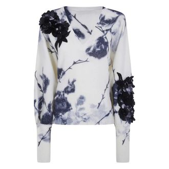 Blumarine Kasjmier en wollen trui met 3D-bloemenprint - Dames - Truien - Veelkleurig - Maat: M Wol