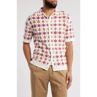 Wax London Porto Short Sleeve Cotton Blend Button-Up Shirt in Ecru /Multi at Nordstrom Rack, Size X-Large