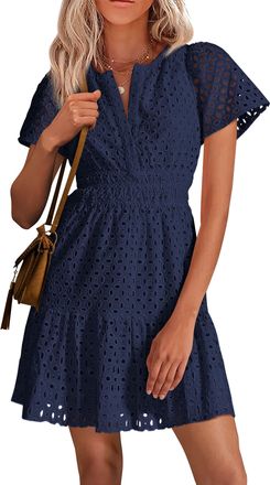 Generic 2025 Women Summer Short Dress V Neck A Line Hollow Out Short Dress Ruffle Cute Casual Beach Party Dresses (Navy Blue,M)