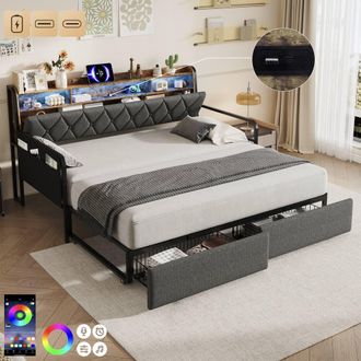Matteo Single Daybed with Trundle, Storage, LED Lighting & Charging - Grey