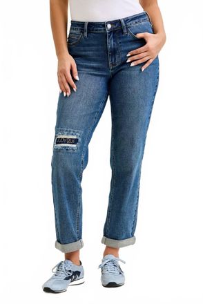 Judy Blue Mid Rise Boyfriend Embroidered Repair Patch Jeans In Medium Wash
