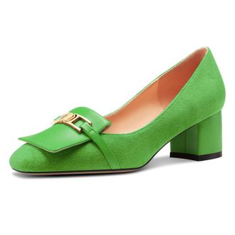 Castamere Womens Chunky Block Mid Heel Square Toe Slip-on Metal Chain Pumps Court Shoe Wedding Prom Dress 5 CM Heels Green 7.5 UK