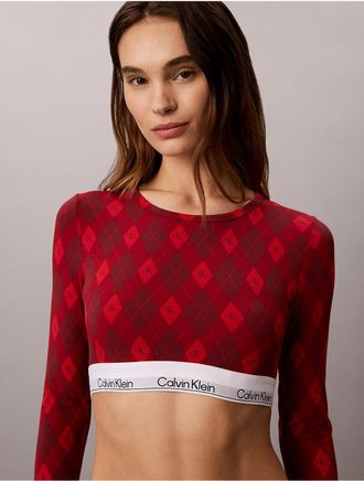 Calvin Klein Womens Icon Cotton Modal Lightly Lined Long Sleeve Tee Bralette - Red - XL