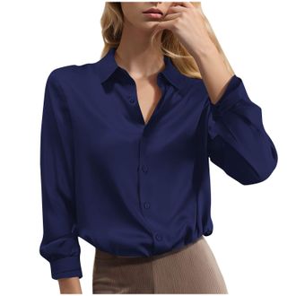 Generic Satin Blouses for Women UK Elegant Long Sleeve Shirt Plus Size Smrat Casual Tops Button Down Lapel V Neck Blouse Ladies Office Work Tops Basic Solid S