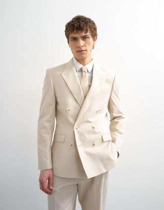 Topman Blazer doppiopetto misto lino color pietra-Neutro