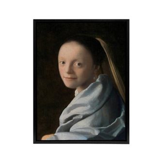Artery8 Study of a Young Woman Vermeer Vintage Black Framed Canvas Wall Art | Size: W24 x H32