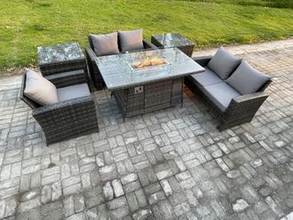 Fimous Rattan Outdoor Garden Furniture Gas Fire Pit Table Sets Gas Heater with Love Sofa Armchair 2 Side Tables 5 Seater in Dark Grey