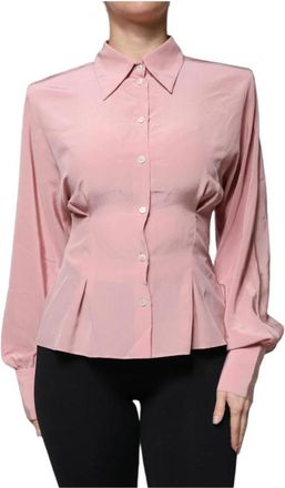 Dolce & Gabbana Zijden blouse met kraag en logodetails - Dames - Overhemden - Roze - S - Overhemden
