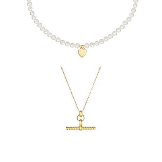 Lily & Roo Gold Twisted T-Bar and Large Pearl Personalised Heart Necklace Gift Set