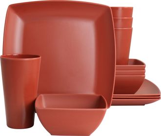 Gibson Home Grayson Melamine 12 Piece Square Dinnerware Set in Orange