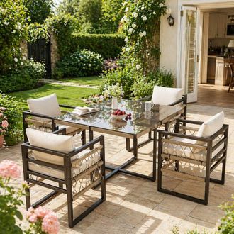 Merax Garden Dining Set with 4 Armchairs & Glass Table in Beige
