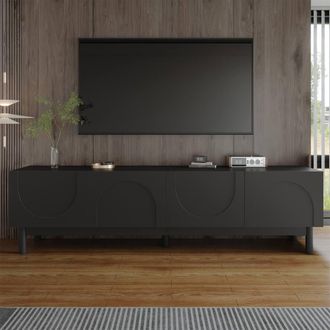 Merax 169cm Low TV Stand with Four Push-to-Open Doors & Solid Wood Legs in Black