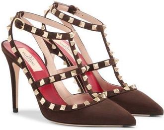Valentino Rockstud Pointed Toe Ankle Strap Pump in Brown at Nordstrom, Size 10.5Us