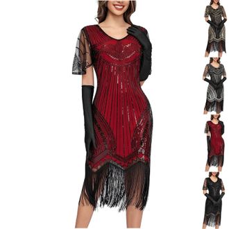 Generic Womens Flapper Dresses 1920s Vintage Sequin Fringe Dress Ladies Elegant Tassels Hem Flapper Cocktail Dress Womens Formal Round Neck Short Sleeve Eveni
