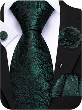 Barry.Wang Green Tie 63 Paisley Silk Ties Set Pocket Square Cufflinks and Lapel Pin Extra Long Necktie Wedding