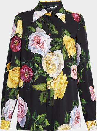 Dolce & Gabbana Peony Rose-Print Charmeuse Button-Down Shirt