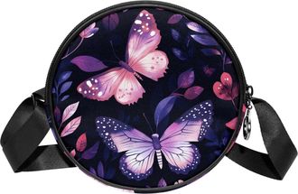 Generic Circle Crossbody Bag for Women, Purple Pink Butterfly Small Sling Bag Daypack with Zipper Adjustable Shoulder Straps Casual Ladies Girls Round Purse