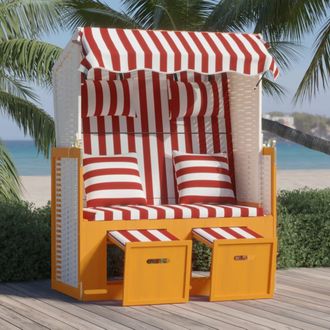 vidaXL Silla Strandkorb Con Cojines Rat&aacute;n Sint&eacute;tico Madera Rojo Blanco Vidaxl