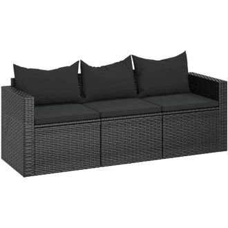 vidaXL Sofá de jardín 3 plazas con cojines ratán sintético negro Vidaxl