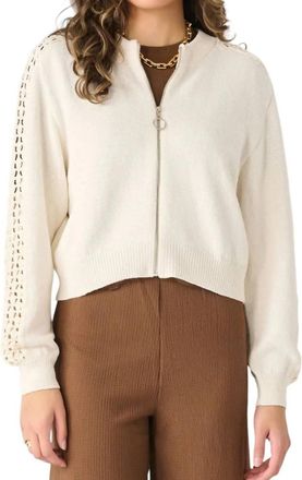 Dex Clothing Crochet Sleeve Bomber Sweater In Ivory