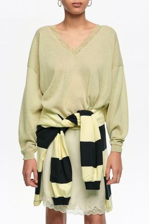 Bimba & Lola Short Sweater In Cotton Linen and Lace in Light Green at Nordstrom, Size Xx-Small Eu