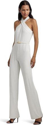 Lauren Ralph Lauren Belted Jersey Halter Wide-Leg Jumpsuit Womens Dress White : 10, Elastane/Polyester