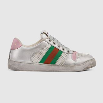 Gucci Womens Worn-out Effect Screener Sneaker, Silver, Leather