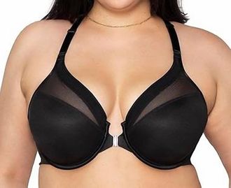 Curvy Couture Sheer Mesh Front Close Racerback T-Shirt Bra In Black Hue