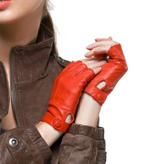 Nappaglo Womens Driving Leather Gloves Nappa Leather Half Finger Fingerless Gloves Fitness Lined Gloves for Driving Cycling Motorcycling (XL (Palm Girth:8-8.5)