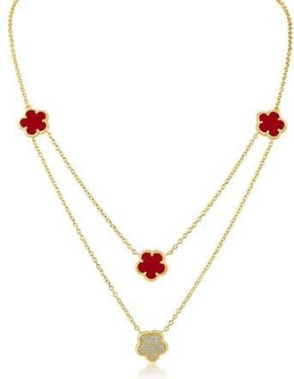 Kenneth Jay Lane Cubic Zirconia & Faux Coral Double Layered Clover Station Necklace in Red/Gold at Nordstrom Rack