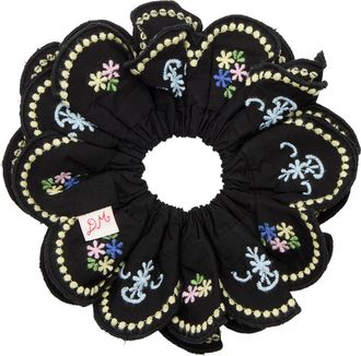 Damson Madder Floral-embroidered Cotton Scrunchie - Black - One Size