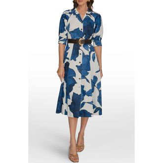 DKNY Belted Stretch Cotton Shirtdress in Cream/Nightfall Multi at Nordstrom, Size 16