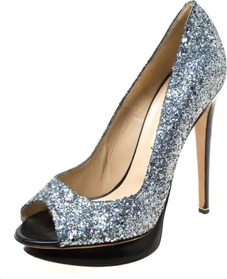 Nicholas Kirkwood Silver/black Glitter Leather Double Platform Peep Toe Pumps