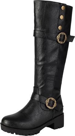 Generic Womens Leisure Knee High Boots Round Toe Medium Block Heel Platform With Side Zipper And Metal Decoration Casual Wear
