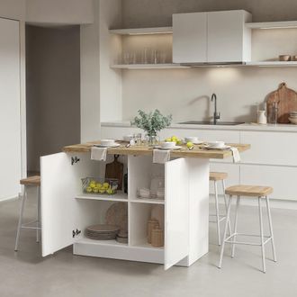 Dmora Isla De Cocina Miha, Mueble Despensa 2 Estantes, 4 Compartimentos, 2 Puertas, 130x80x90h Cm Blanco Brillante