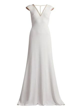 Tadashi Shoji Marcellina beaded v-neck maxi dress - women - Polyester/Spandex/Elastane - L - White